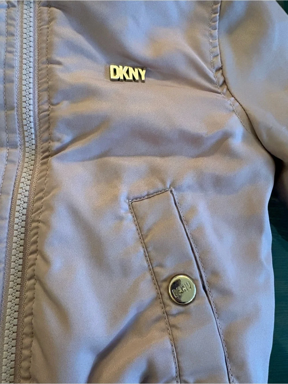 DKNY Bomber Jacket Girls Pink/Blush Size 4T Lined Faux Fur Gold Logo Spring Coat